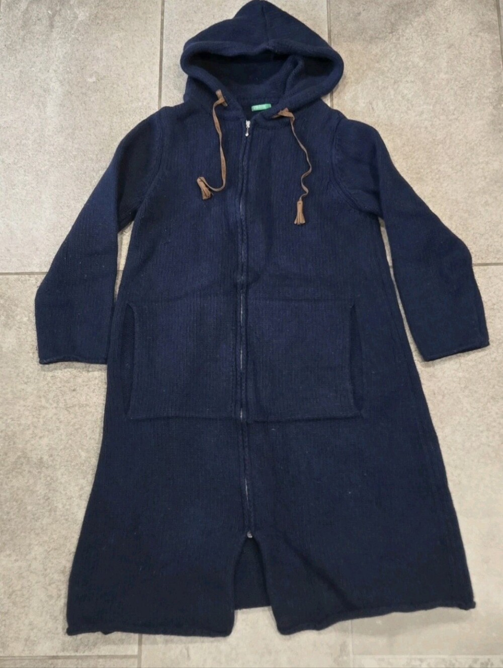 Vtg Benetton Made in Italy Wool Knit Long Hooded Sweater Coat Jacket Navy S M?